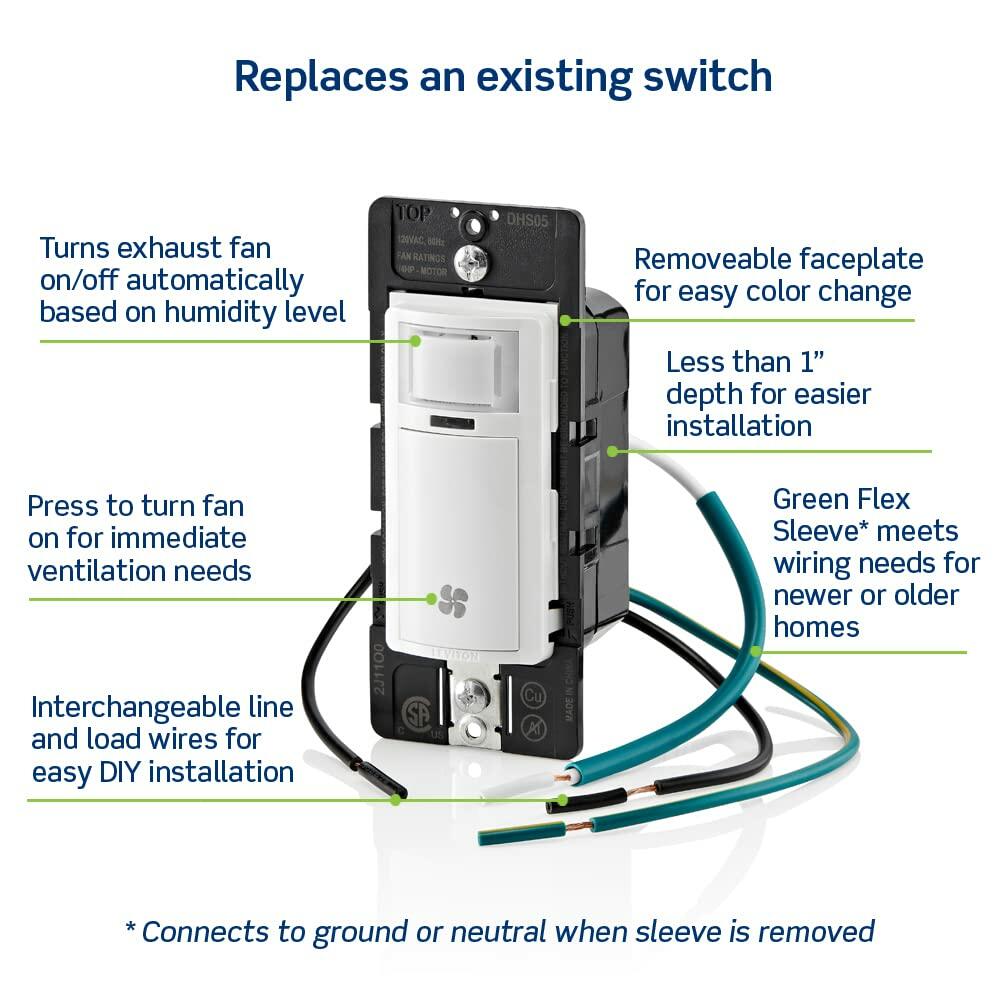 Leviton Decora in-Wall Humidity Sensor and Fan Control Switch, 1/4 HP, Residential Grade, Single Pole, Light Almond, DHS05-1LT