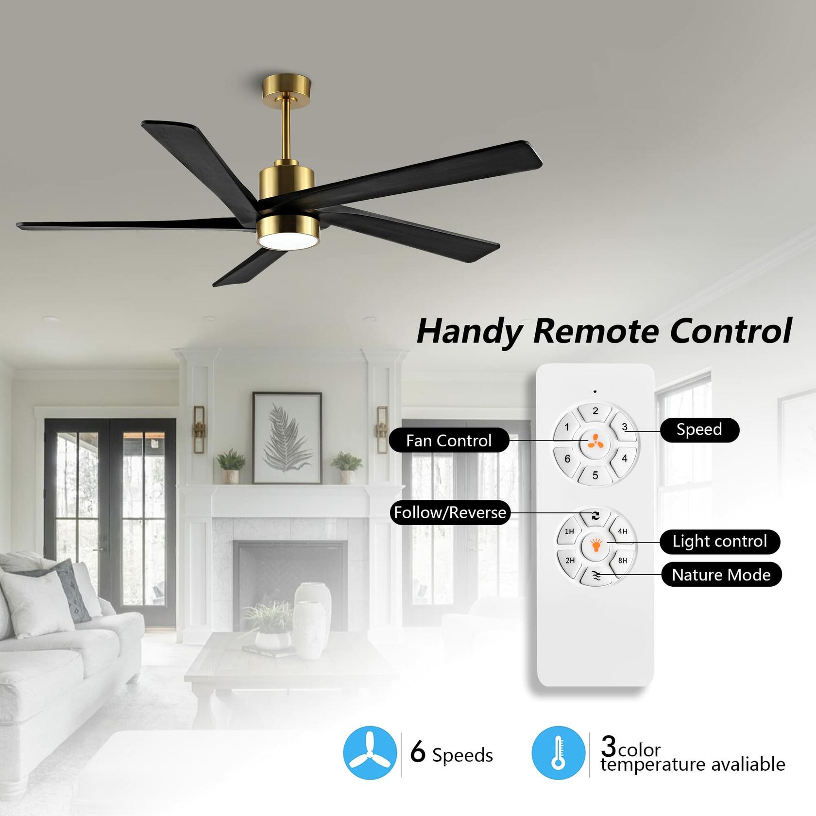 WINGBO 64 Inch DC Ceiling Fan with Lights and Remote Control, 5 Reversible Carved Wood Blades, 6-Speed Noiseless DC Motor, Modern Ceiling Fan in Brass Finish with Balck Blades, ETL Listed - Like New