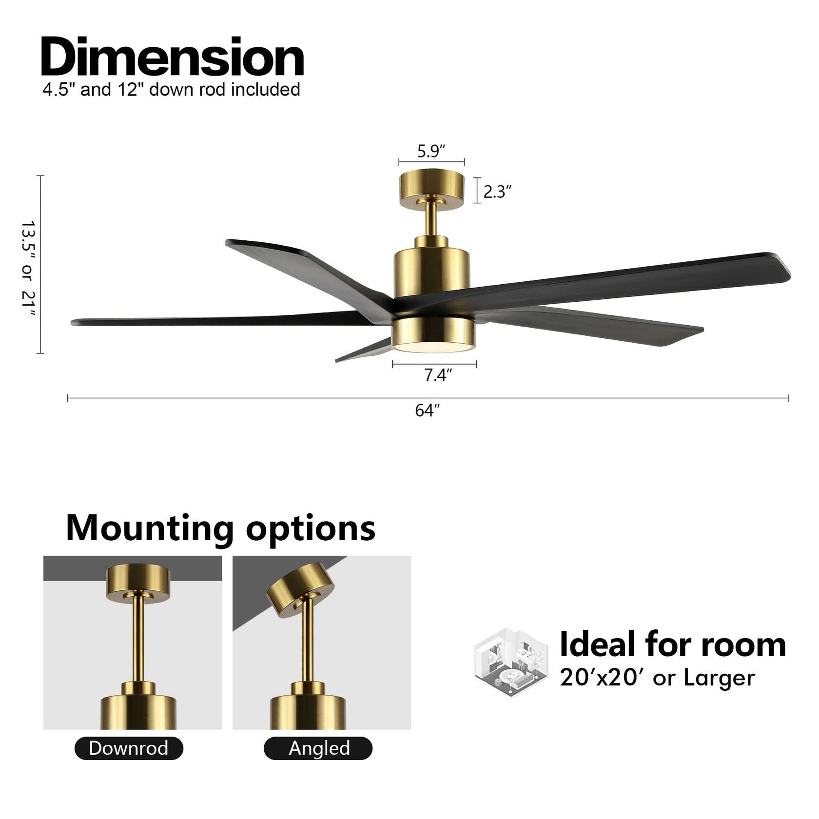 WINGBO 64 Inch DC Ceiling Fan with Lights and Remote Control, 5 Reversible Carved Wood Blades, 6-Speed Noiseless DC Motor, Modern Ceiling Fan in Brass Finish with Balck Blades, ETL Listed - Like New