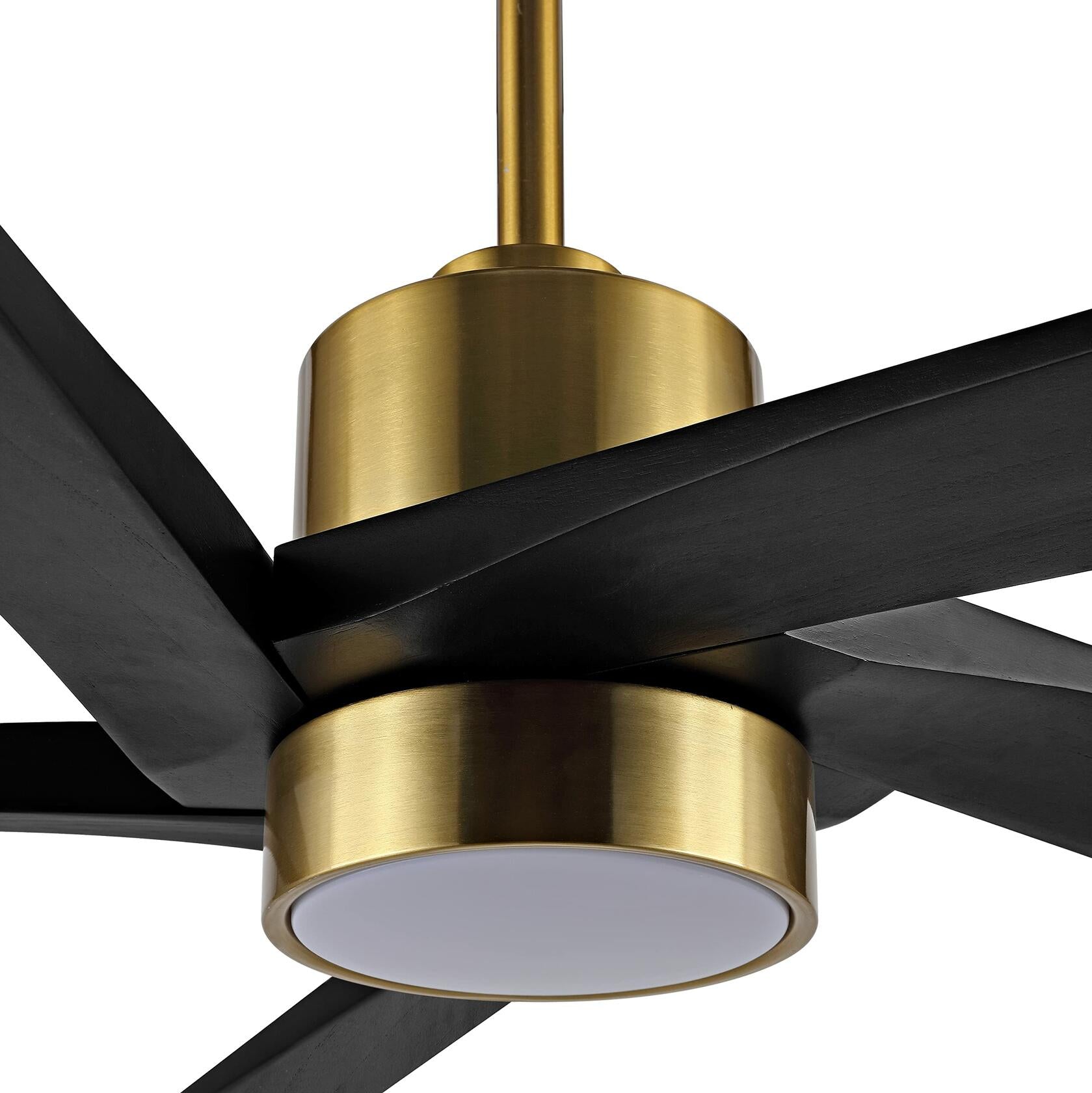WINGBO 64 Inch DC Ceiling Fan with Lights and Remote Control, 5 Reversible Carved Wood Blades, 6-Speed Noiseless DC Motor, Modern Ceiling Fan in Brass Finish with Balck Blades, ETL Listed - Like New