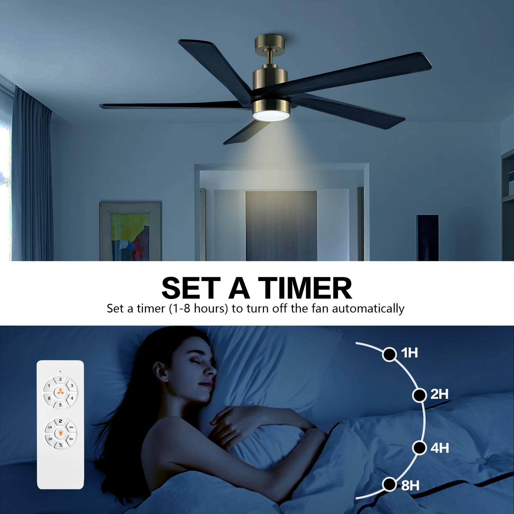 WINGBO 64 Inch DC Ceiling Fan with Lights and Remote Control, 5 Reversible Carved Wood Blades, 6-Speed Noiseless DC Motor, Modern Ceiling Fan in Brass Finish with Balck Blades, ETL Listed - Like New