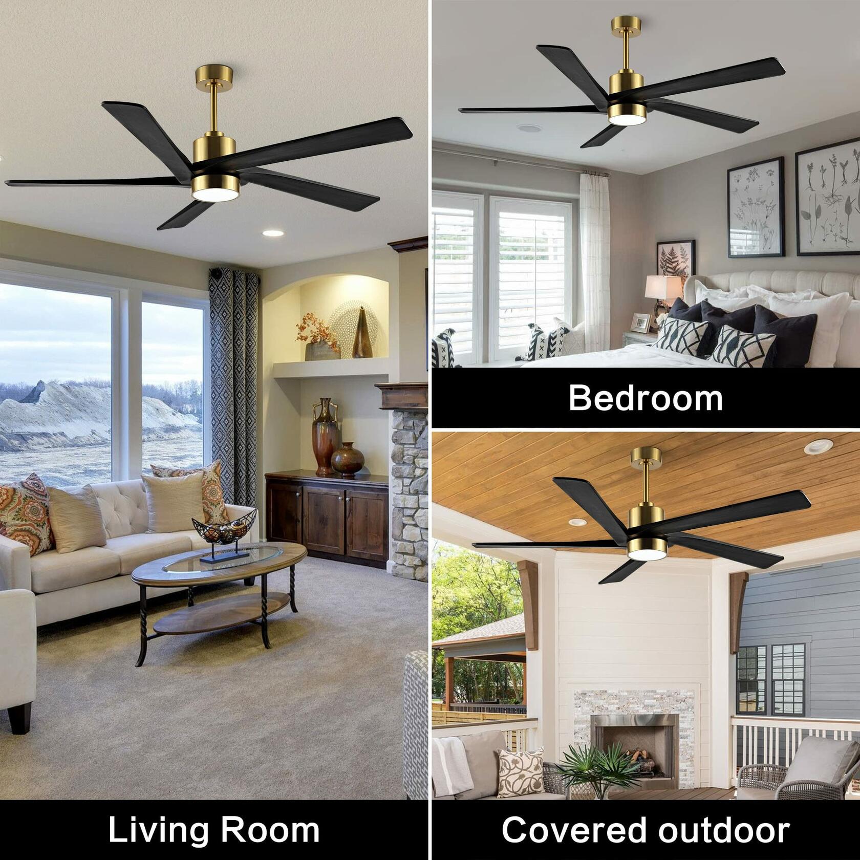 WINGBO 64 Inch DC Ceiling Fan with Lights and Remote Control, 5 Reversible Carved Wood Blades, 6-Speed Noiseless DC Motor, Modern Ceiling Fan in Brass Finish with Balck Blades, ETL Listed - Like New
