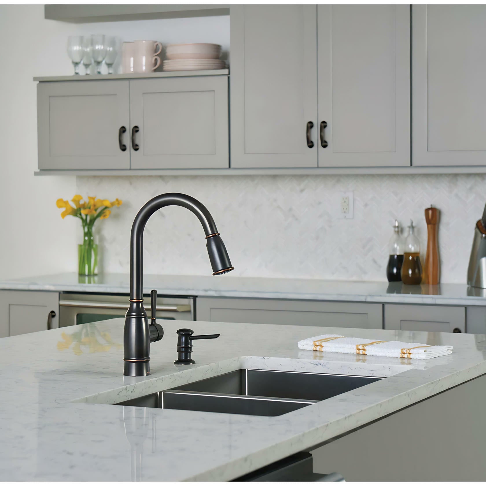 MOEN Noell 87791BRB Single-Handle Pull-Down Sprayer Kitchen Faucet with Reflex, Soap Dispenser and Power Clean in Mediterranean Bronze