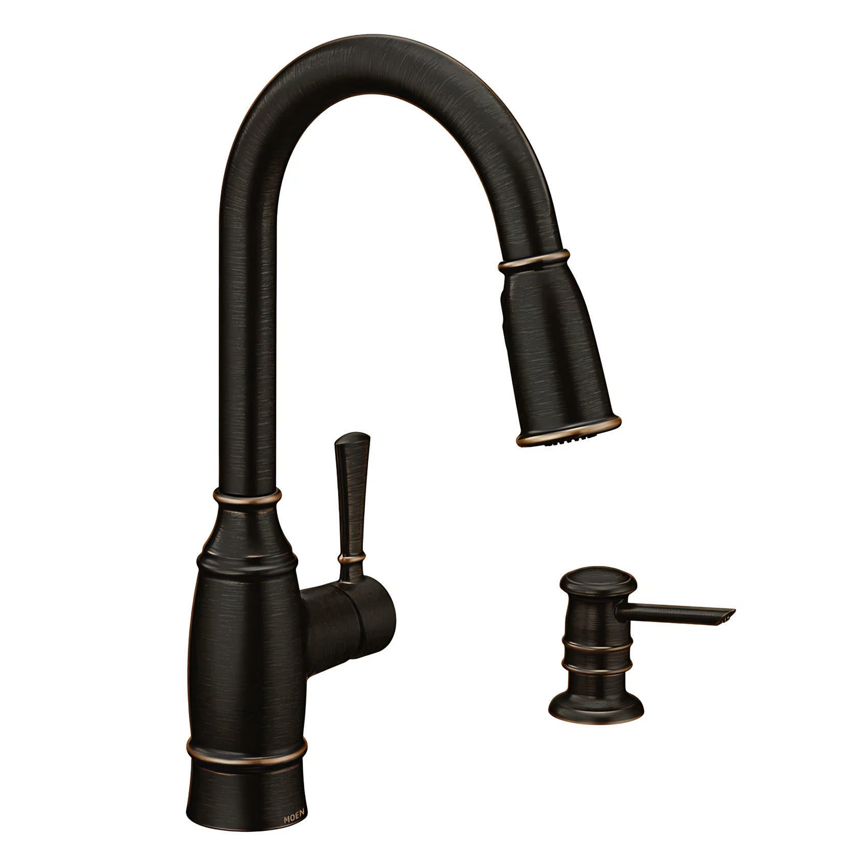 MOEN Noell 87791BRB Single-Handle Pull-Down Sprayer Kitchen Faucet with Reflex, Soap Dispenser and Power Clean in Mediterranean Bronze