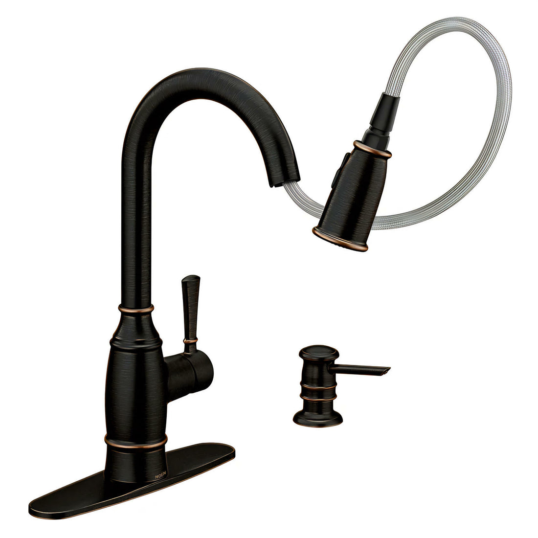 MOEN Noell 87791BRB Single-Handle Pull-Down Sprayer Kitchen Faucet with Reflex, Soap Dispenser and Power Clean in Mediterranean Bronze