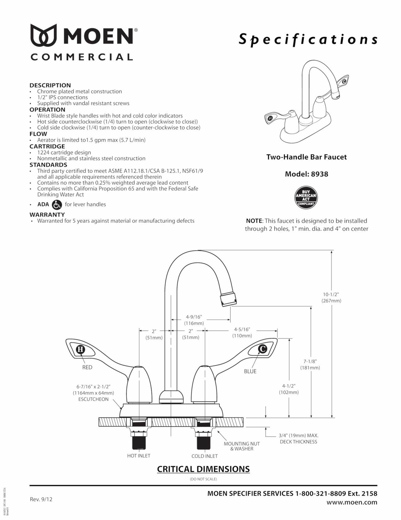 MOEN 8938 M-Bition Commercial 2-Handle Bar or Pantry Faucet 1.5 GPM in Chrome