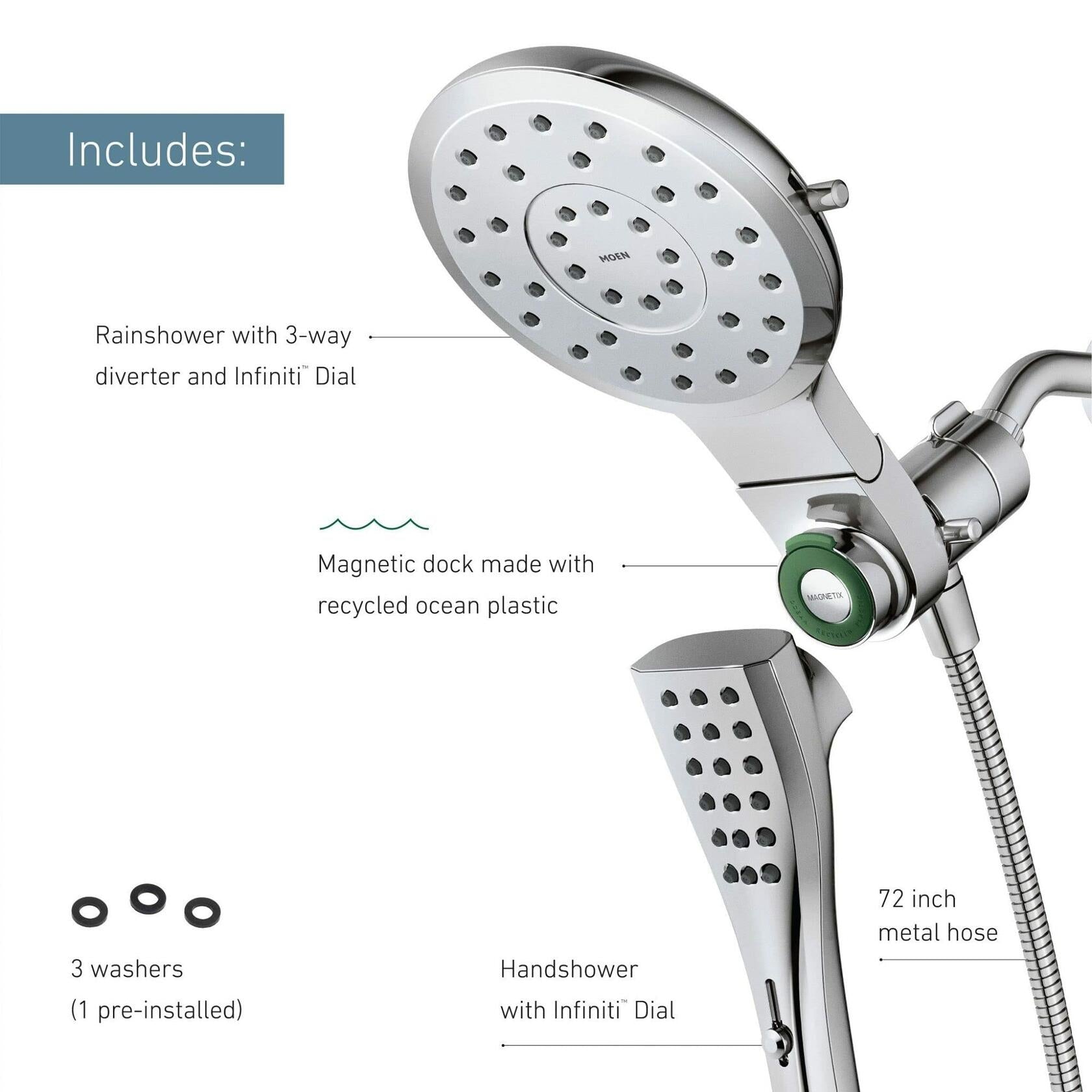 MOEN Verso 220C3EPBL 8-Spray Patterns with 1.75 GPM 7 in. Wall Mount Dual Handheld Shower Heads with Infiniti Dial in Matte Black