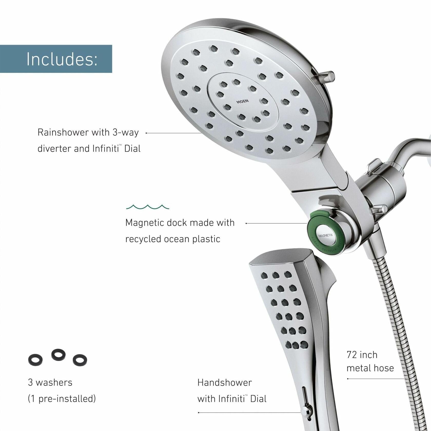 MOEN Verso 220C3 8-Spray 7 in. Dual Wall Mount Fixed and Handheld Shower Head 2.5 GPM with Infiniti Dial in Chrome