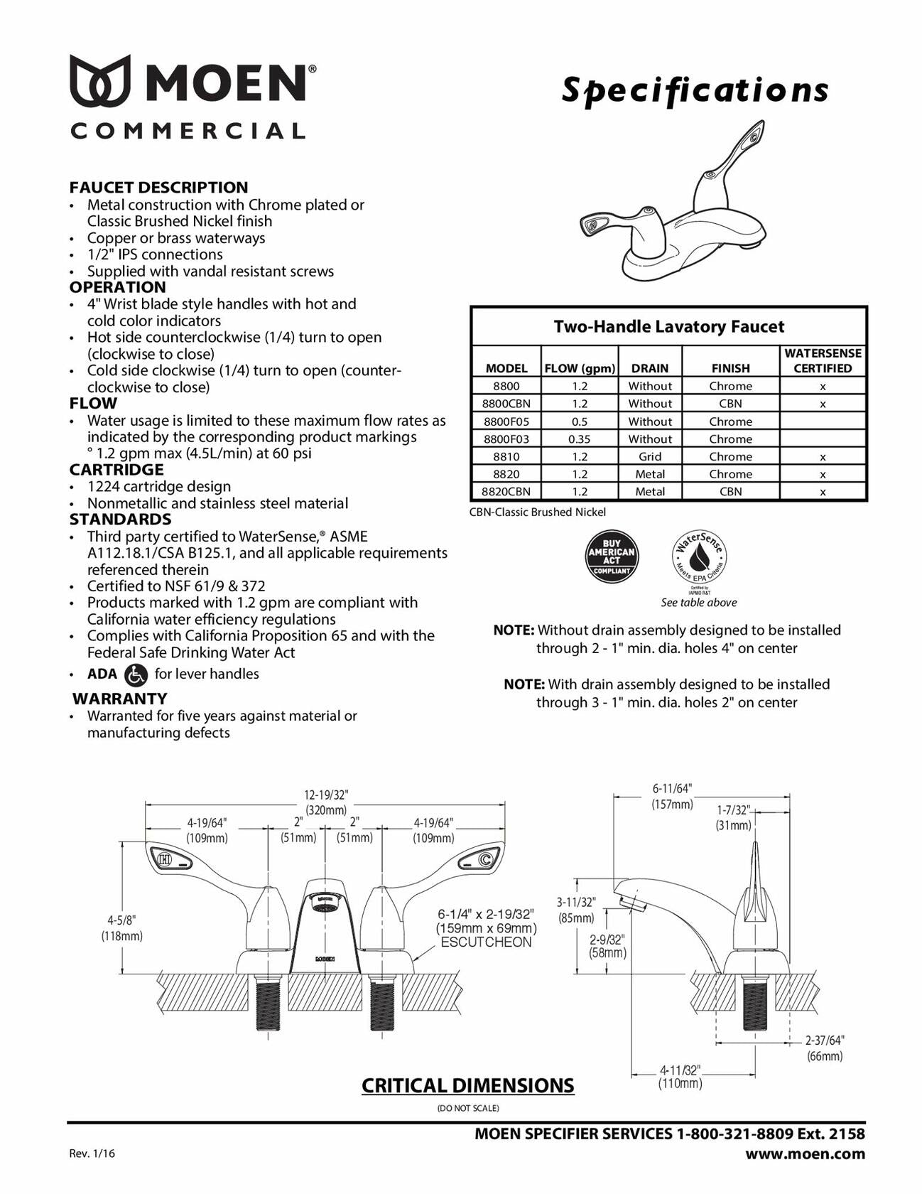 Moen 8800 M-Bition 4-Inch Two Handle Centerset Lavatory Faucet 1.5 gpm, 1, Chrome