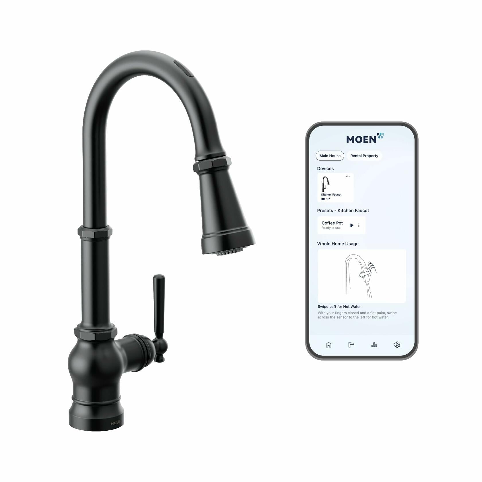 MOEN Paterson S75003EV2BL Smart Faucet Touchless Pull-Down Sprayer Kitchen Faucet with Voice and Motion Control in Matte Black