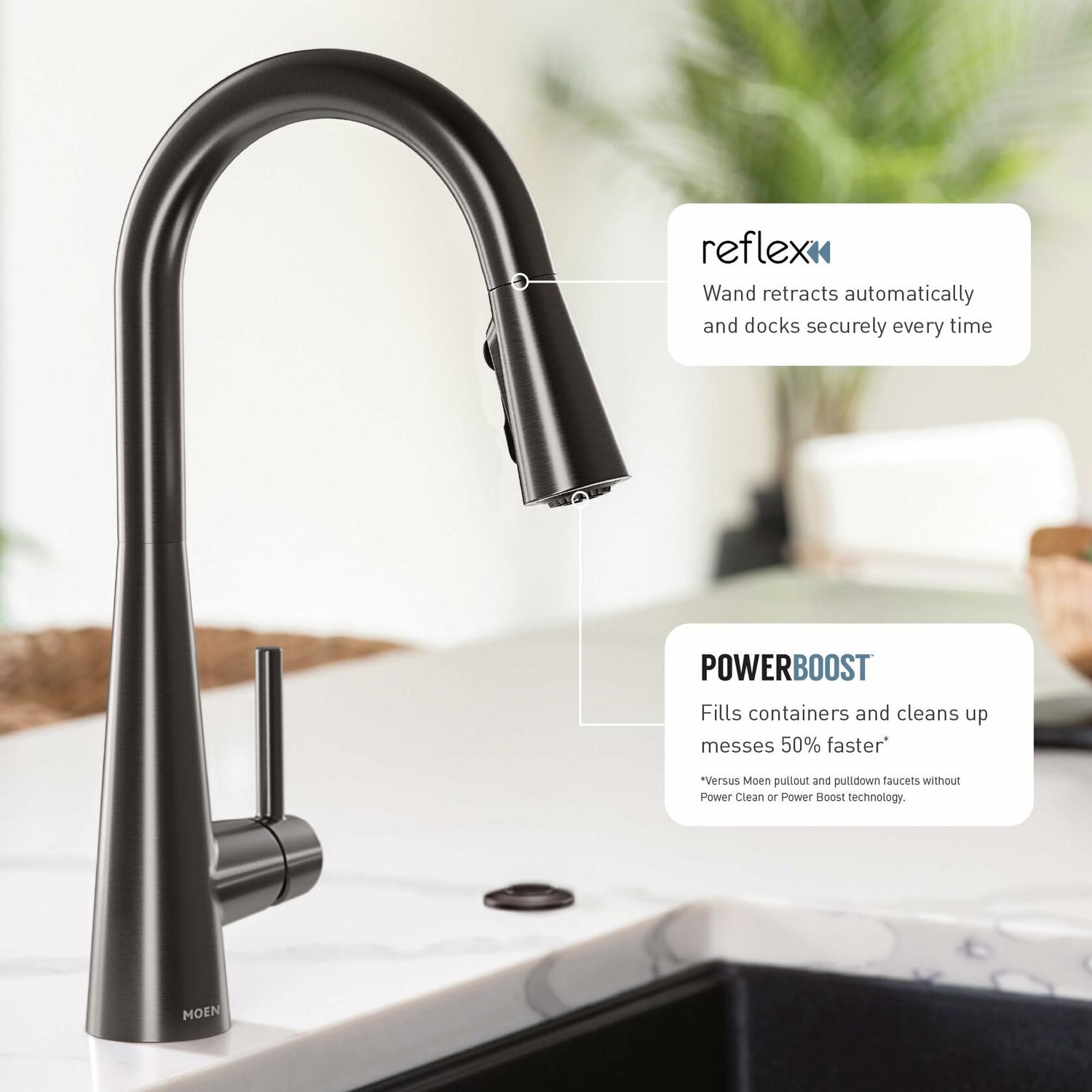 MOEN Sleek 7864BLS One Handle High Arc Pulldown Modern Kitchen Faucet With Power Boost in Black Stainless