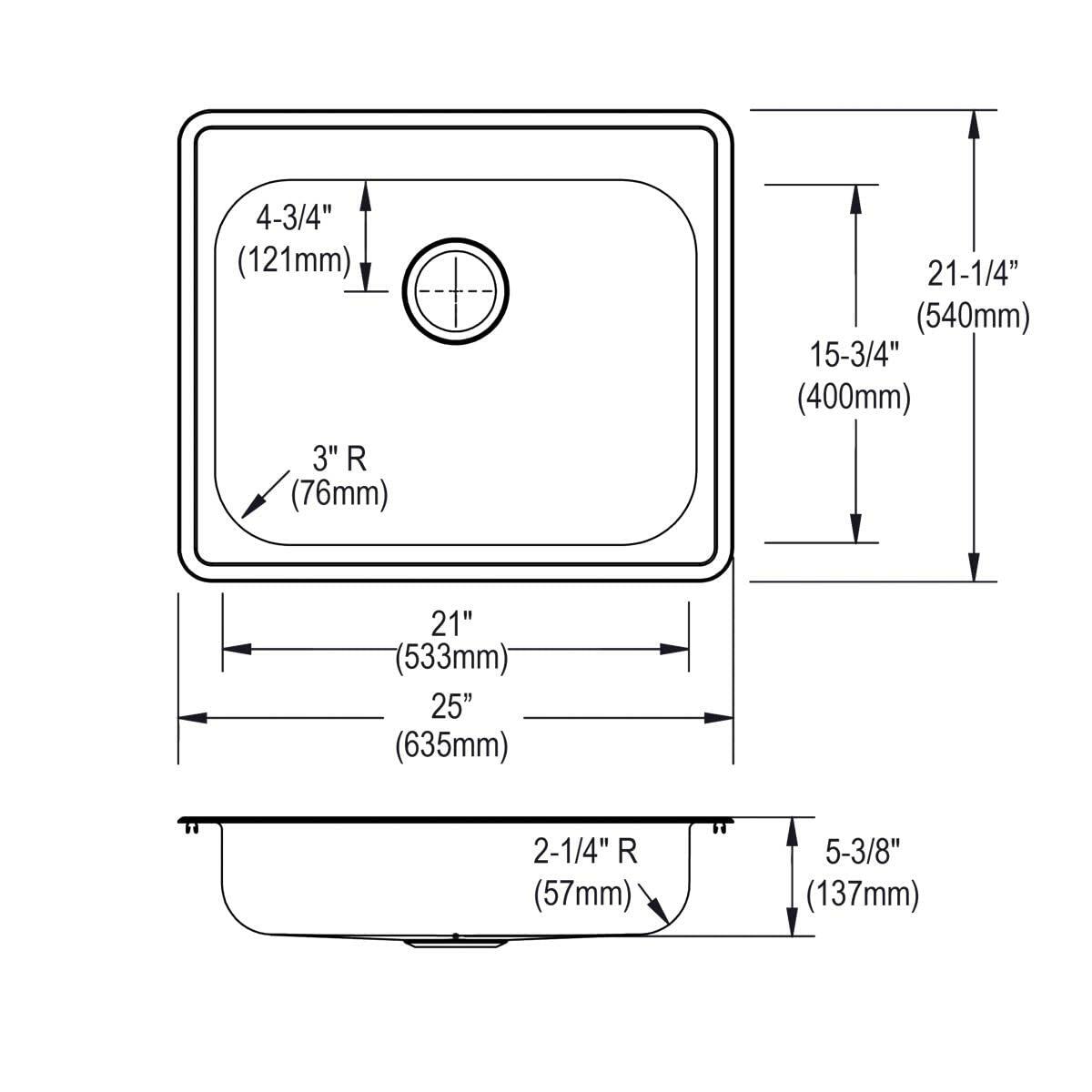 Elkay GE12521 Dayton 25" Drop In Single Basin Kitchen Sink in Stainless Steel