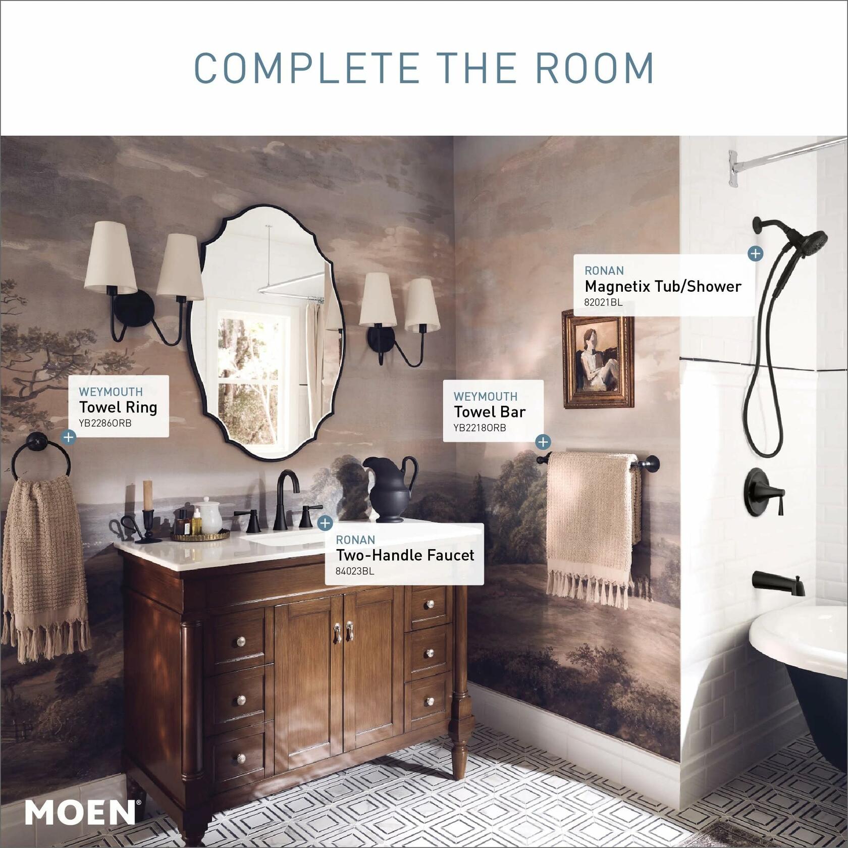 Moen Ronan Matte Black Single-Handle Modern Tub and Shower Faucet with Round Handheld Rain Shower Spray Head Featuring Magnetix, Valve Included, 82021BL