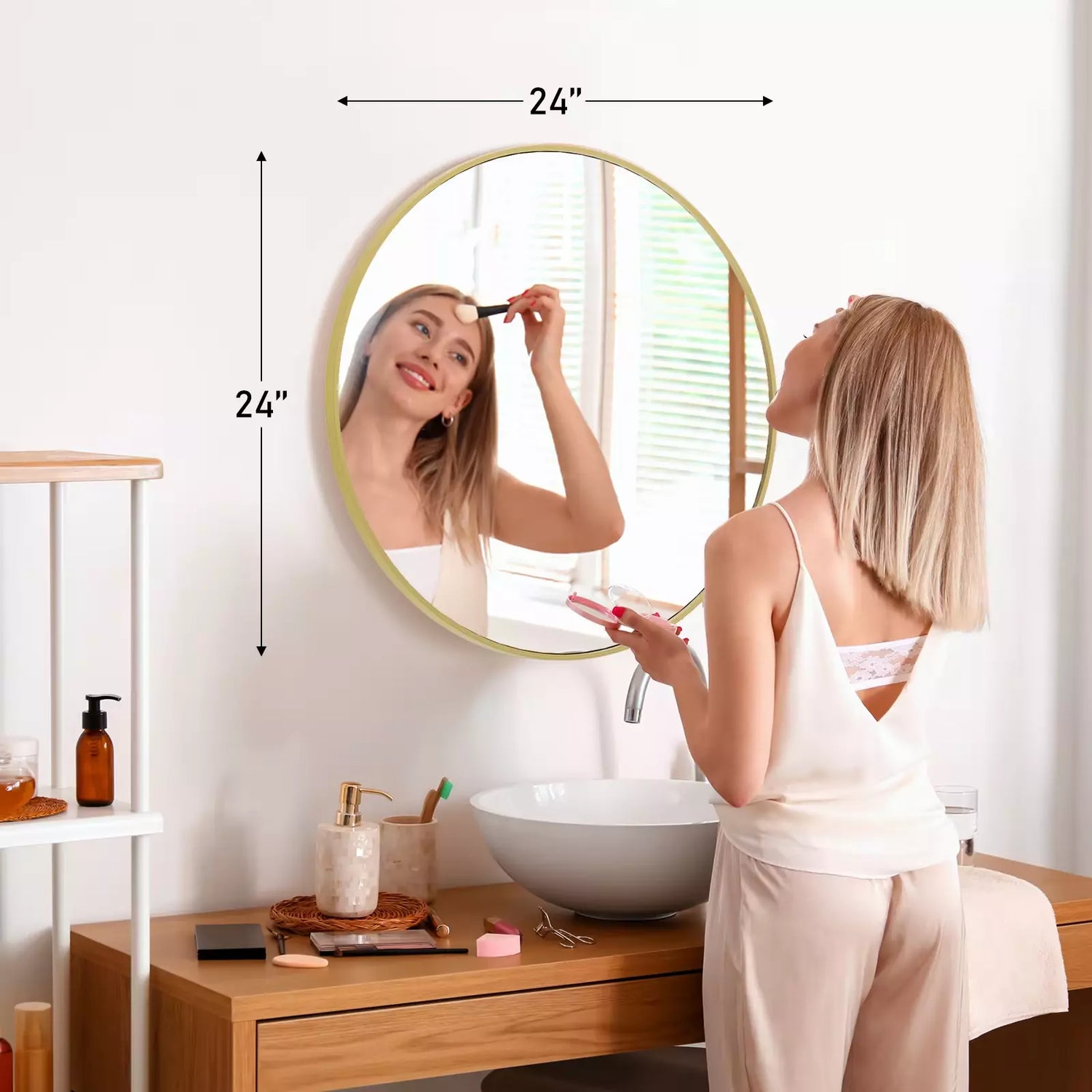 Large Round Vanity Mirror, Matte Metal Frame, Modern Glass, Bedroom, Living Room