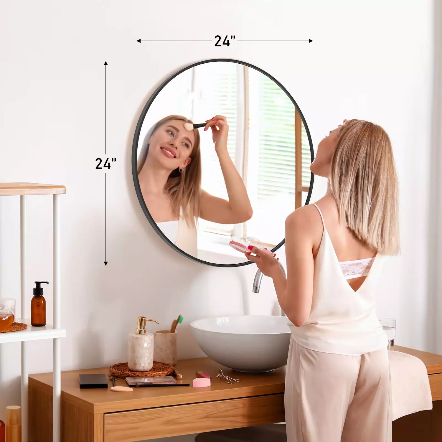 Large Round Vanity Mirror, Matte Metal Frame, Modern Glass, Bedroom, Living Room
