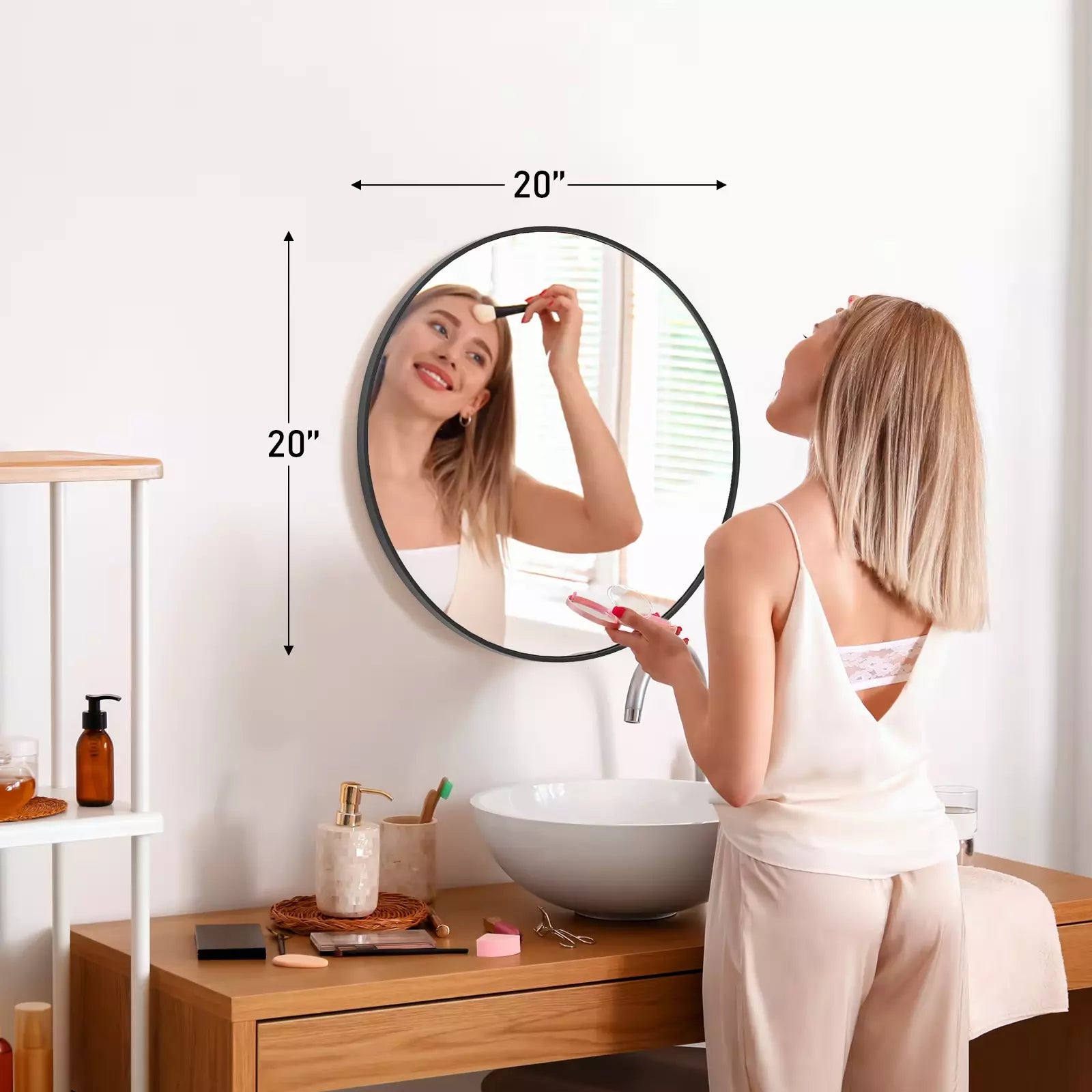 Large Round Vanity Mirror, Matte Metal Frame, Modern Glass, Bedroom, Living Room