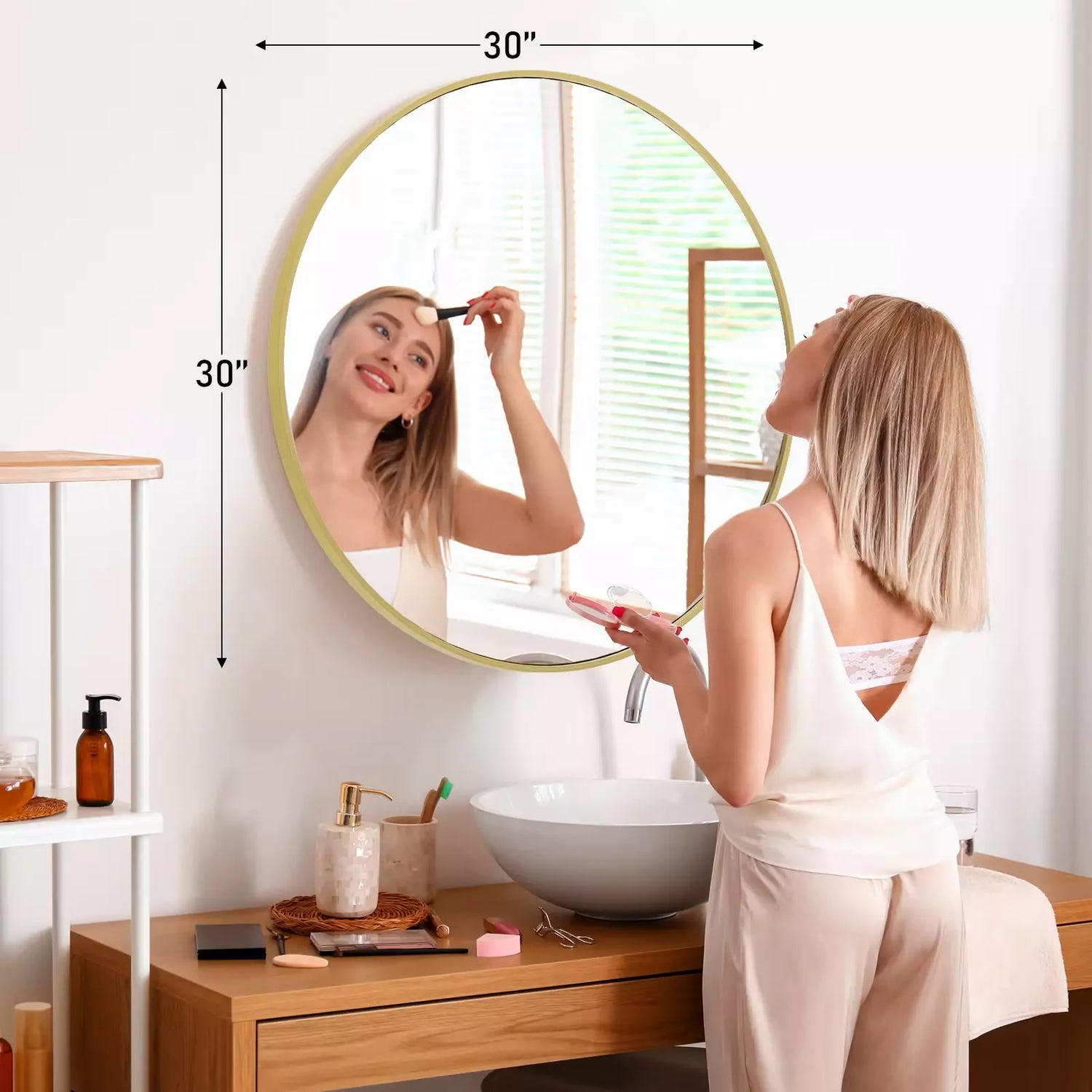 Large Round Vanity Mirror, Matte Metal Frame, Modern Glass, Bedroom, Living Room