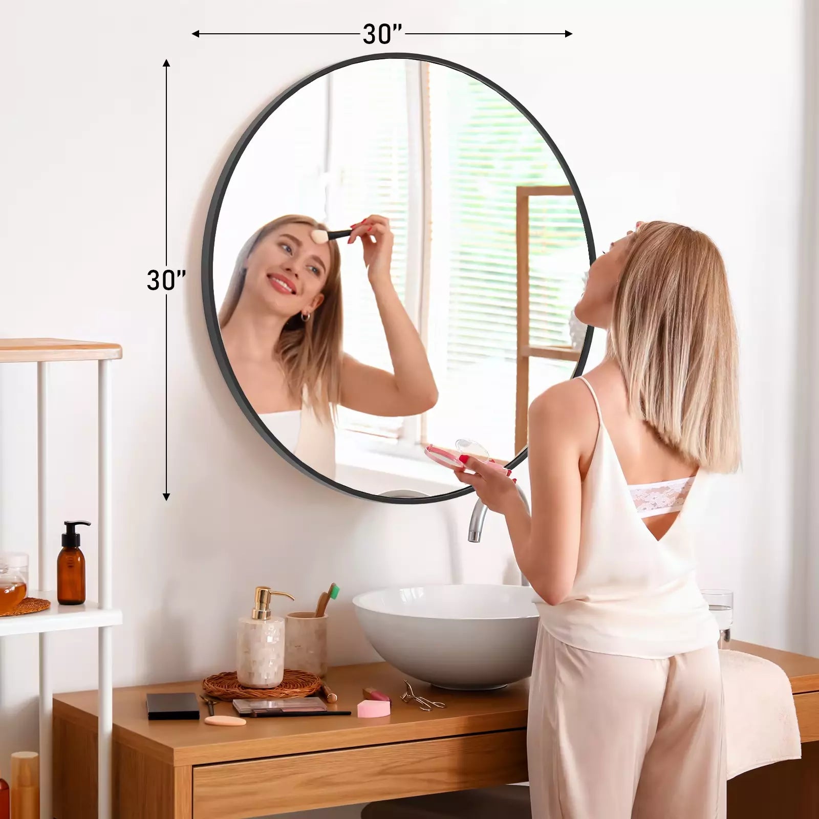 Large Round Vanity Mirror, Matte Metal Frame, Modern Glass, Bedroom, Living Room