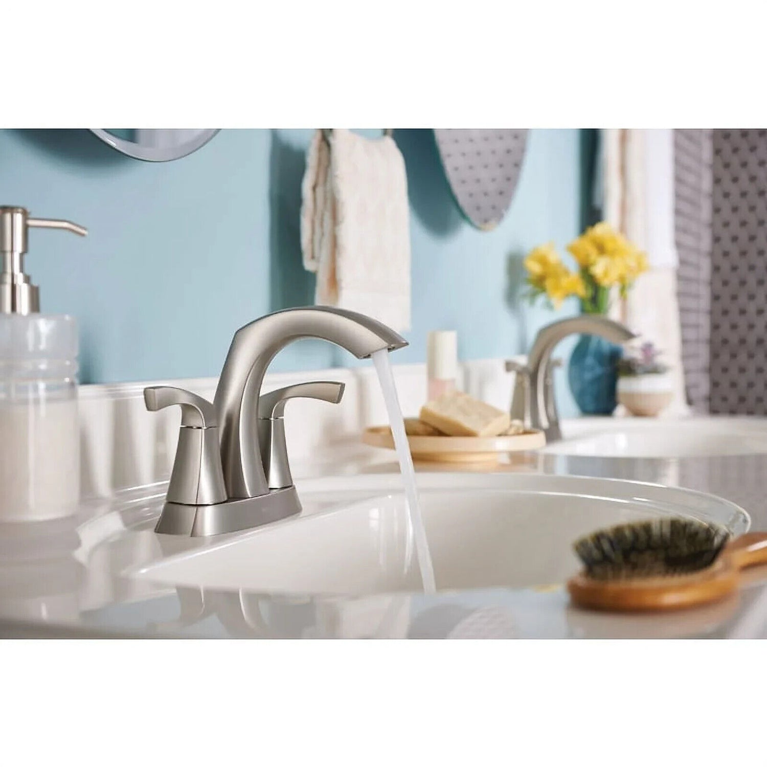 Moen Lindor 84506SRN Spot Resist Brushed Nickel 4-in Centerset 2-Handle Bathroom Sink Faucet with Drain