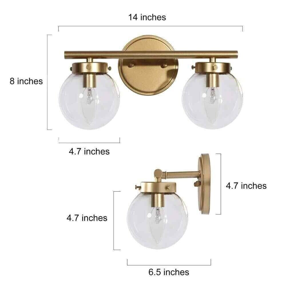 KSANA Bathroom Light Fixtures, 2-Light Gold Vanity Lights with Clear Globe Glass - Like New