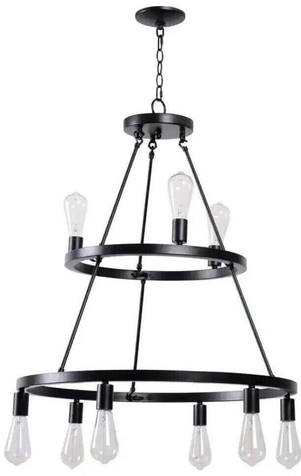 Hampton Bay Chandelier Iron Wagon Wheel Dimmable Hardwired 9-Light Black 2-Tier - Like New