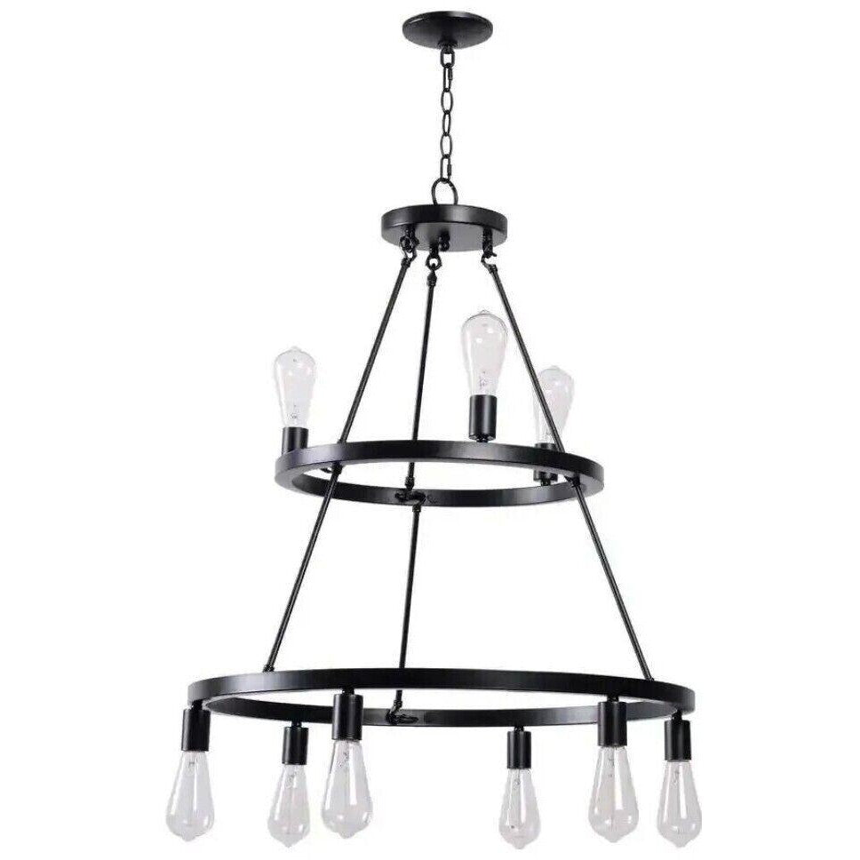 Hampton Bay Chandelier Iron Wagon Wheel Dimmable Hardwired 9-Light Black 2-Tier - Like New