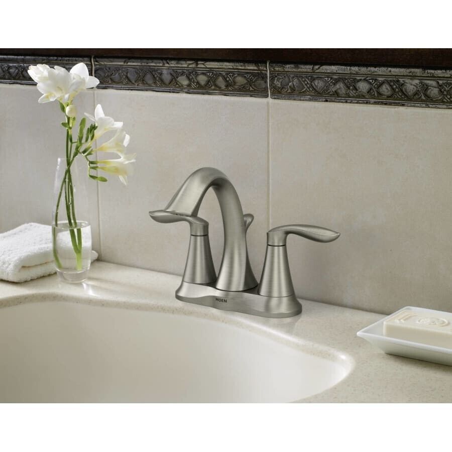 Moen Eva 6410BN Brushed Nickel Two-Handle Centerset Bathroom Faucet with Drain (Valve Included)