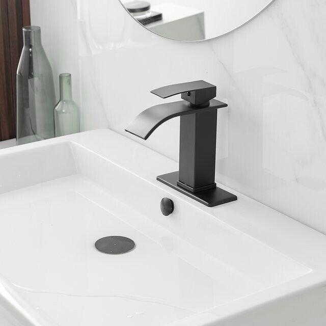 BWE Waterfall Single Handle Single Hole Low-Arc Bathroom Faucet in Matte Black