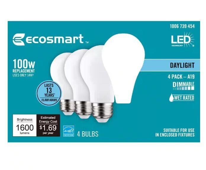 EcoSmart 100-Watt Equivalent A19 Dimmable LED Light Bulb Daylight (4-Pack)