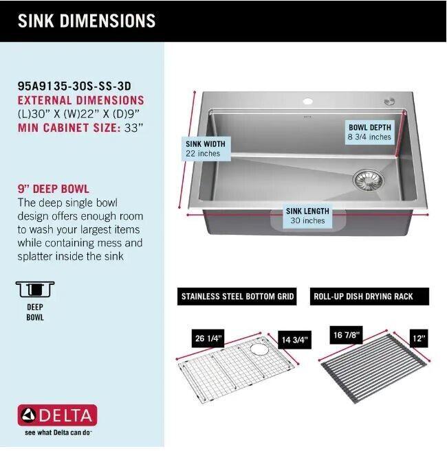 Delta Emery Stainless Steel 30 in. Single Bowl Undermount/Drop-In Kitchen Sink