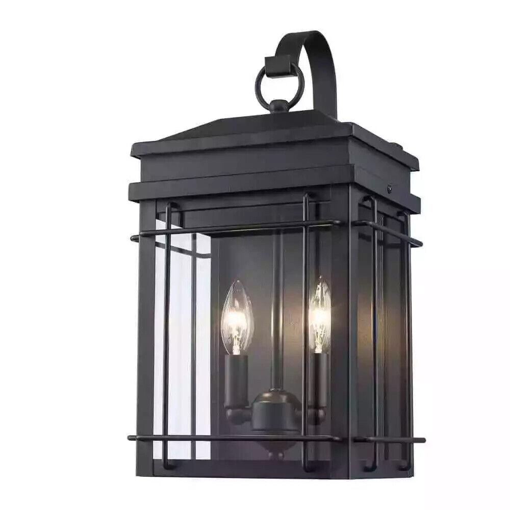 Broward 17 in. 2-Light Black Outdoor Wall Light Fixture with Clear Glass - Like New