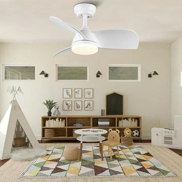 YUHAO 28 in. Integrated LED Kids Room Matte White Ceiling Fans with Light Kit