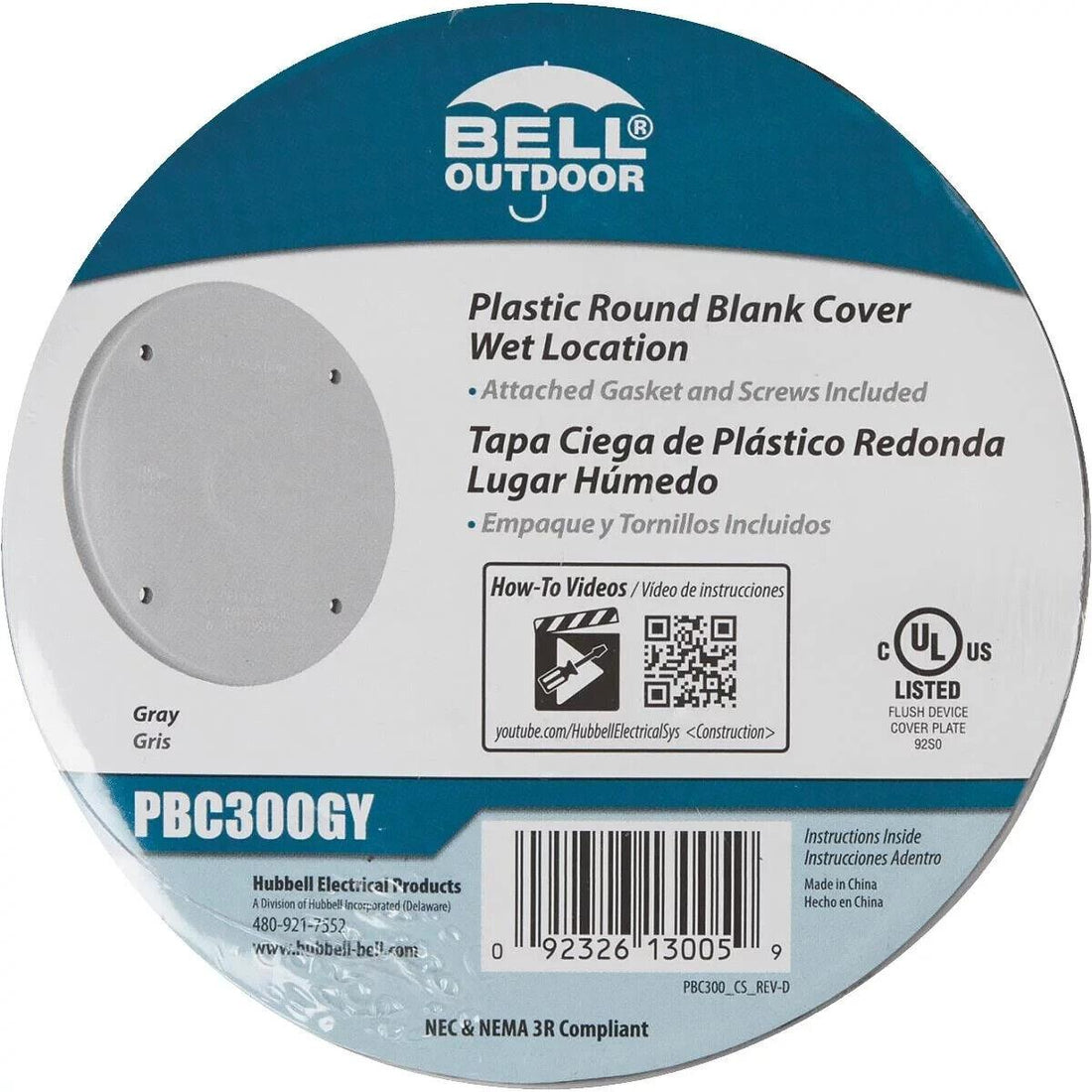 Hubbell-Bell PBC300GY Weatherproof Nonmetallic Device Cover, Blank, Round, Gray