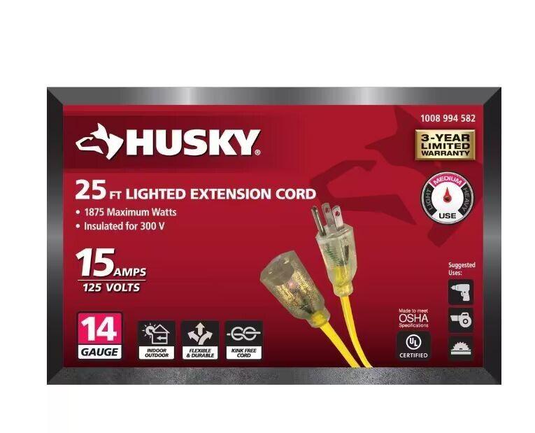 Husky 25 ft. 14/3 Medium Duty Indoor/Outdoor Extension Cord with Lighted End - Like New