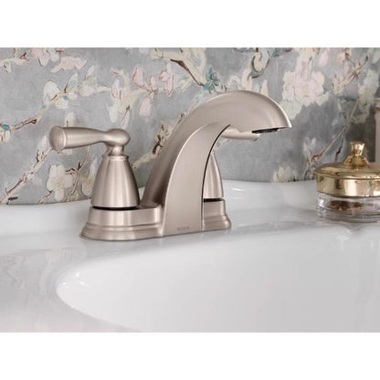 Moen Banbury 84942SRN 4 in. Centerset Double Handle Low-Arc Bathroom Faucet in Spot Resist Brushed Nickel