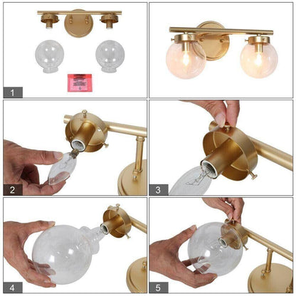 KSANA Bathroom Light Fixtures, 2-Light Gold Vanity Lights with Clear Globe Glass - Like New