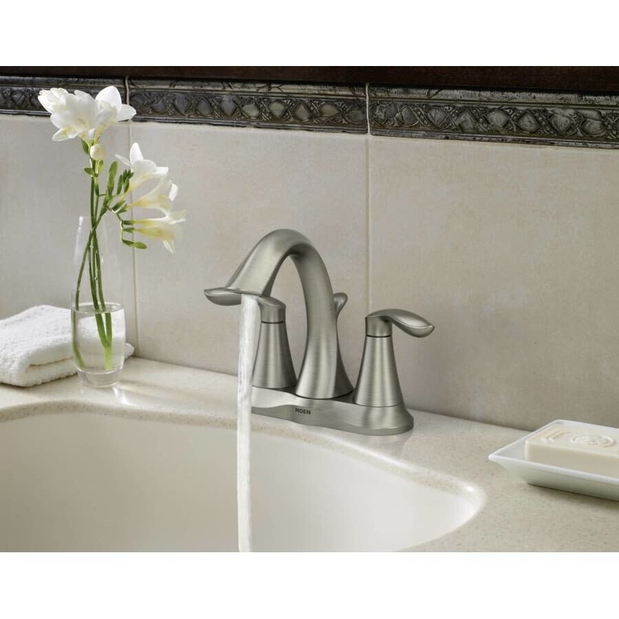 Moen Eva 6410BN Brushed Nickel Two-Handle Centerset Bathroom Faucet with Drain (Valve Included)