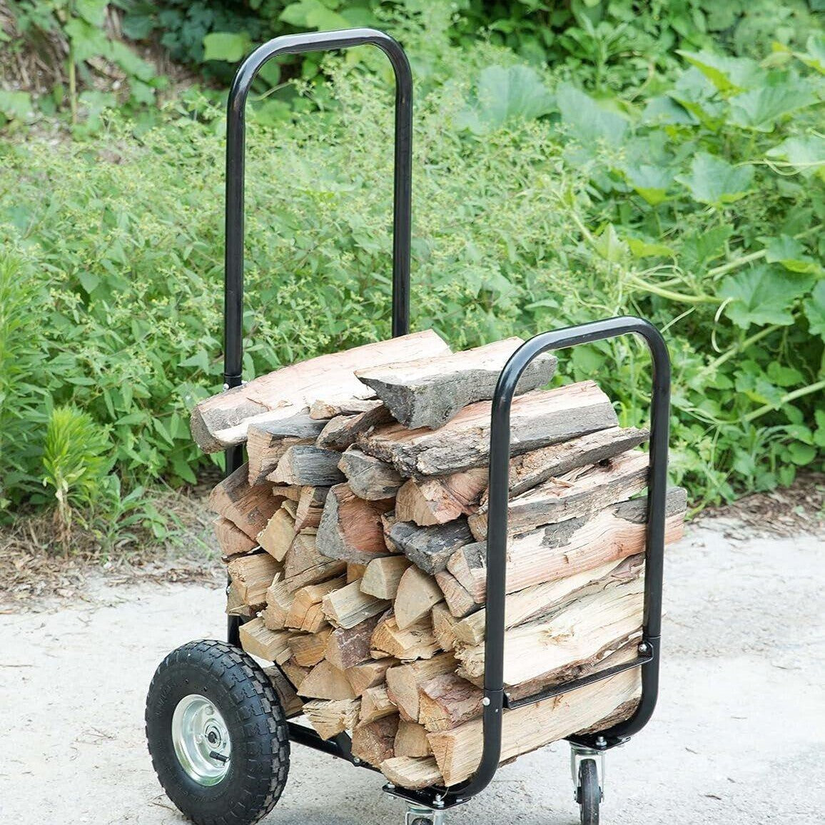 Gardenised Black Firewood Rack Outdoor Indoor, Heavy Duty Firewood Carrier Wood