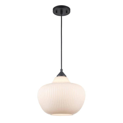 Home Decorators Pompton 1-Light Black Pendant Light Ribbed White Glass New - Like New