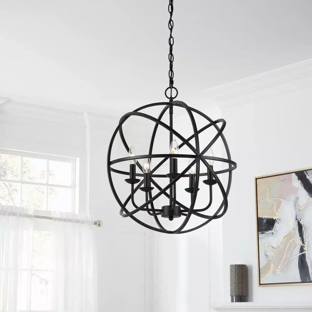 Home Decorators Farmhouse Caged Globe Chandelier 22&quot; 5-Light Metal Shade Black - Like New