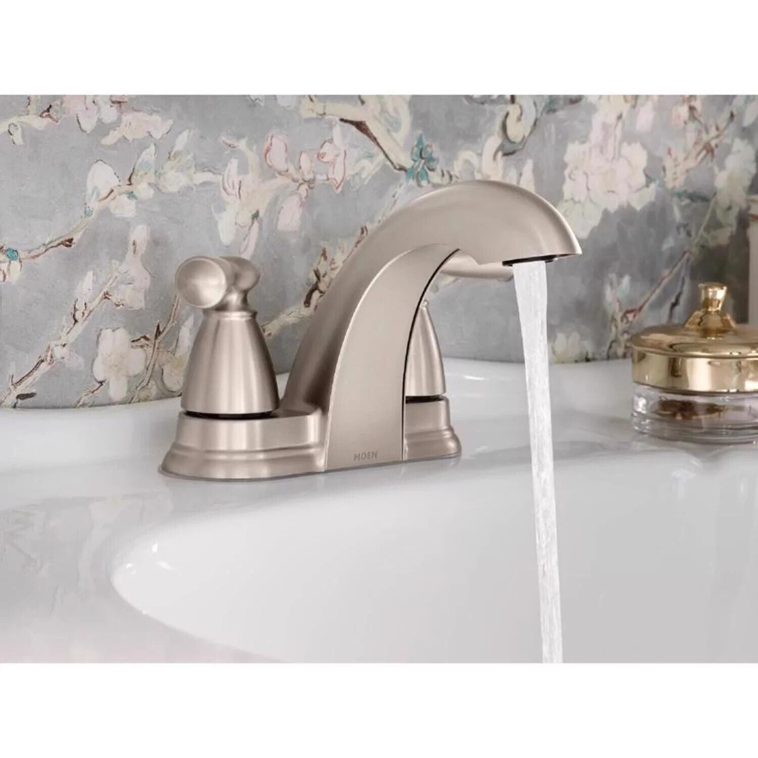 Moen Banbury 84942SRN 4 in. Centerset Double Handle Low-Arc Bathroom Faucet in Spot Resist Brushed Nickel