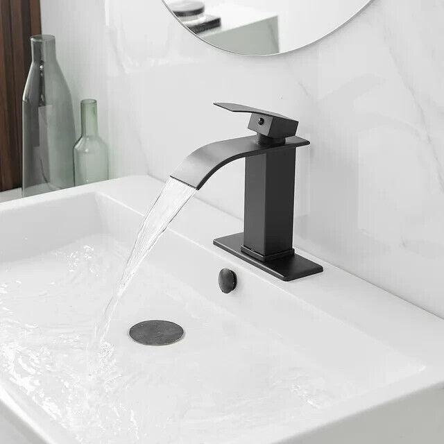 BWE Waterfall Single Handle Single Hole Low-Arc Bathroom Faucet in Matte Black