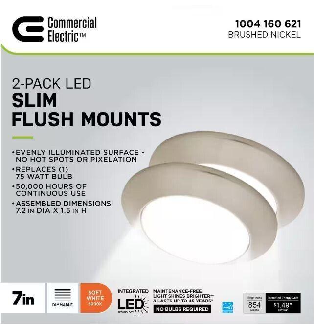 Commercial Electric 7 in. Brushed Nickel LED Flush Mount (2-Pack) - Like New