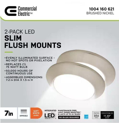 Commercial Electric 7 in. Brushed Nickel LED Flush Mount (2-Pack) - Like New