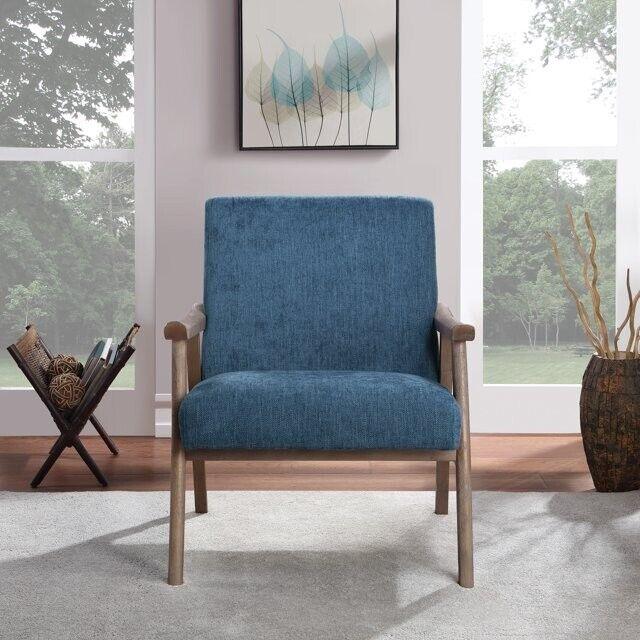 Weldon Mid-Century Fabric Upholstered Chair-Blue Fabric with Brushed Brown Frame