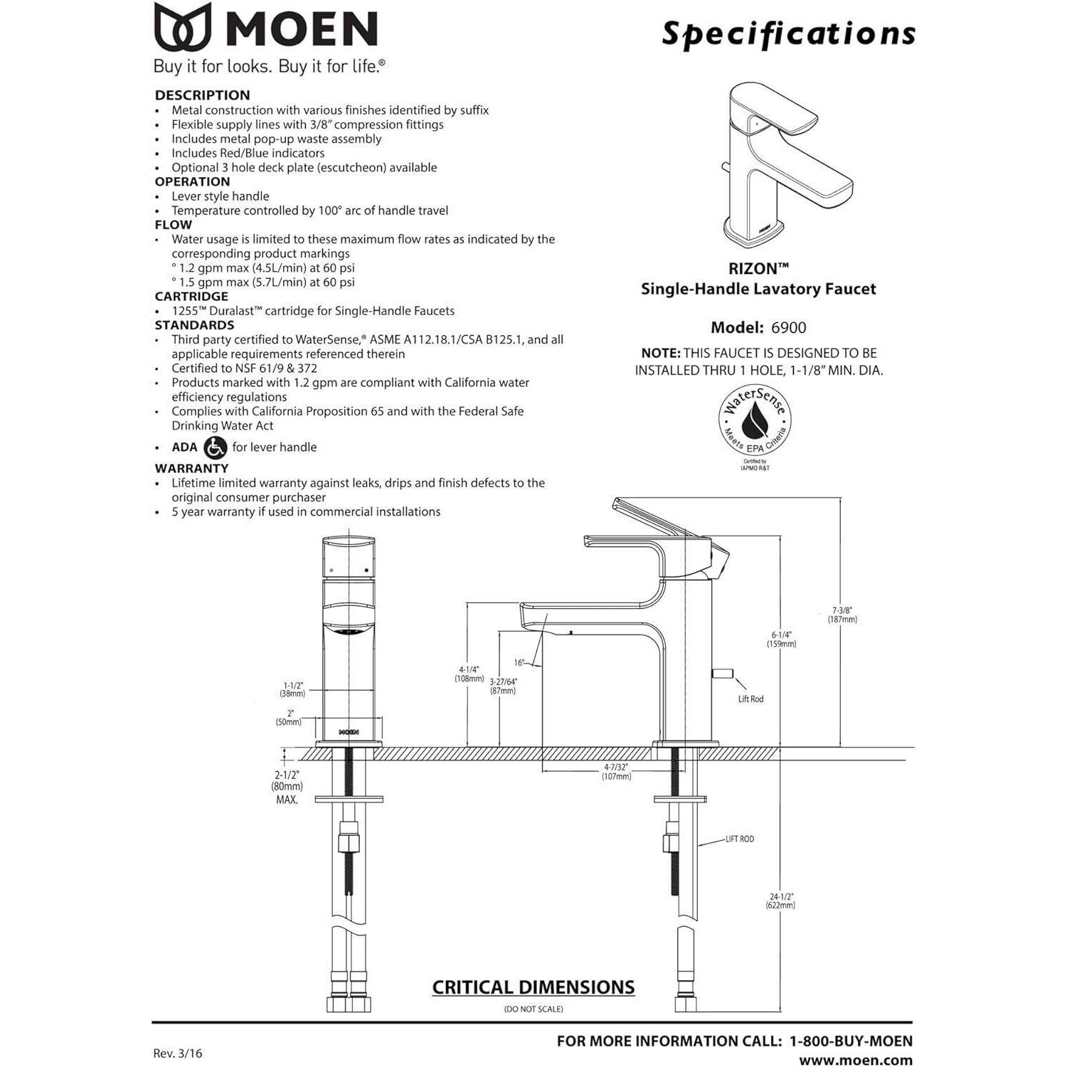 Moen Rizon Bathroom Faucet - Matte Black (6900BL)