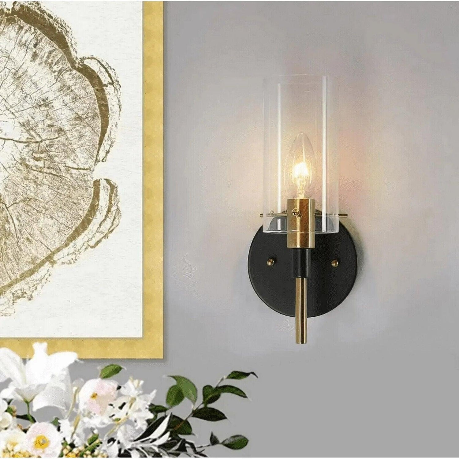 Zevni Modern 1-Light Brass Gold Wall Sconce, Black Vanity Light with Glass Shade - Like New