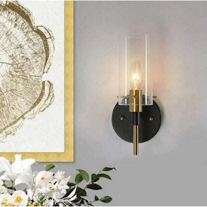 Zevni Modern 1-Light Brass Gold Wall Sconce, Black Vanity Light with Glass Shade - Like New