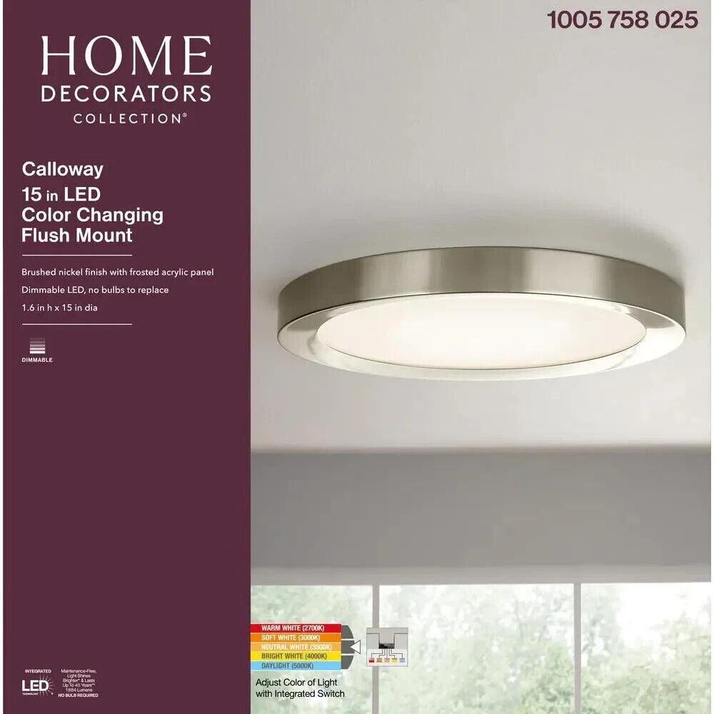 Home Decorators Collection Calloway 15 in. Brushed Nickel Selectable LED Flush M