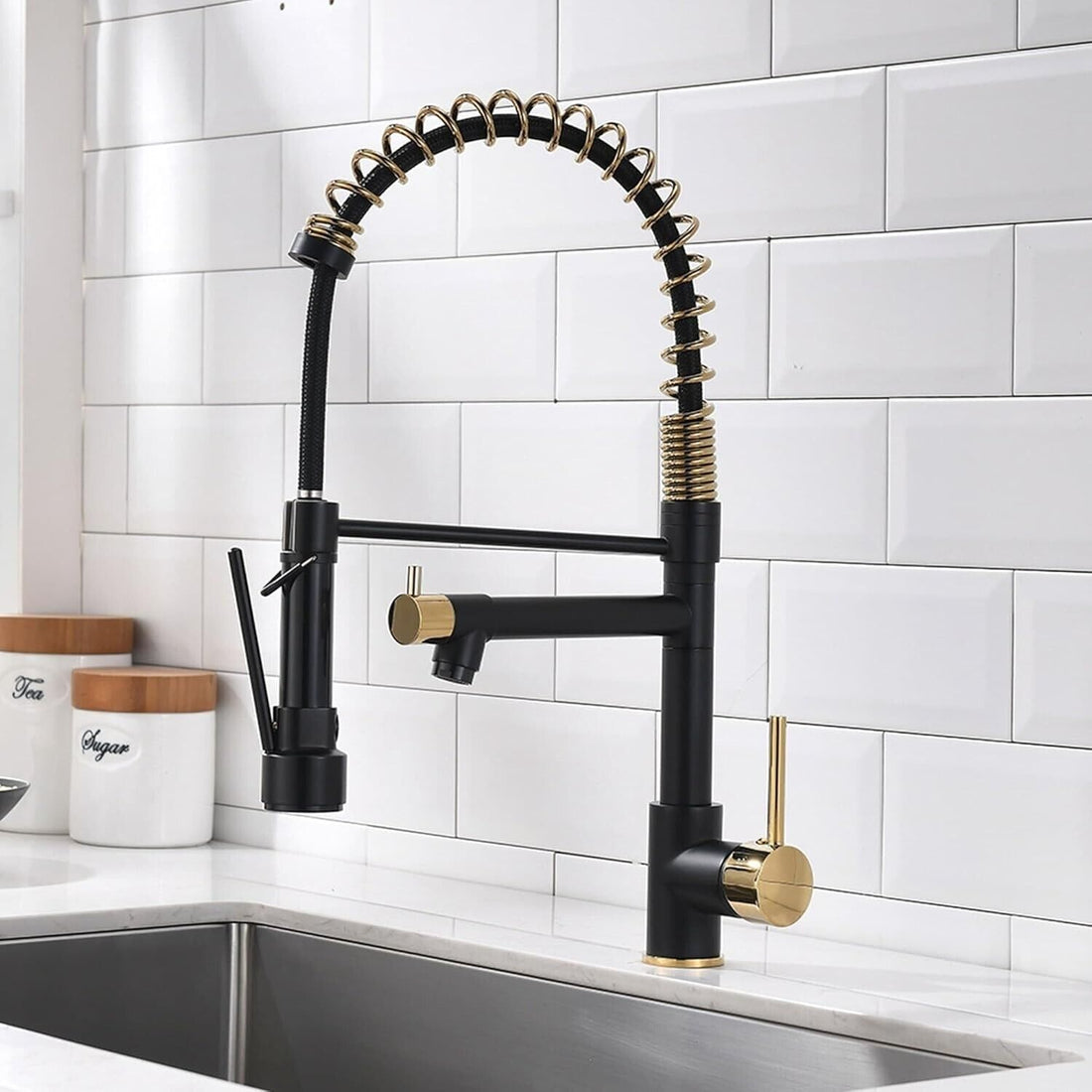 Double Handle Black Gold Deck Mount Kitchen Faucet - 9.25 inch 19.37 inch - Like New